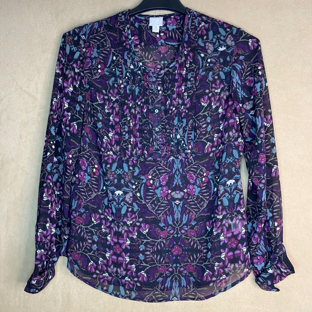 Converse One Star Womens Purple Blue Floral Pintuck‎ Blouse Sz M Long Sleeve EUC